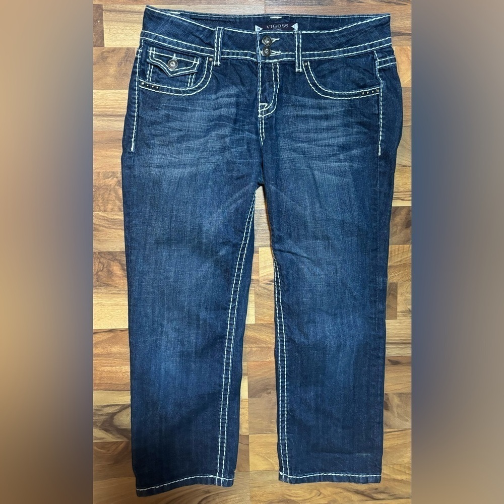 Vigoss Fit Capri Jeans Women’s Size 7 Bling Embroidered Cropped Dark Wash Mid